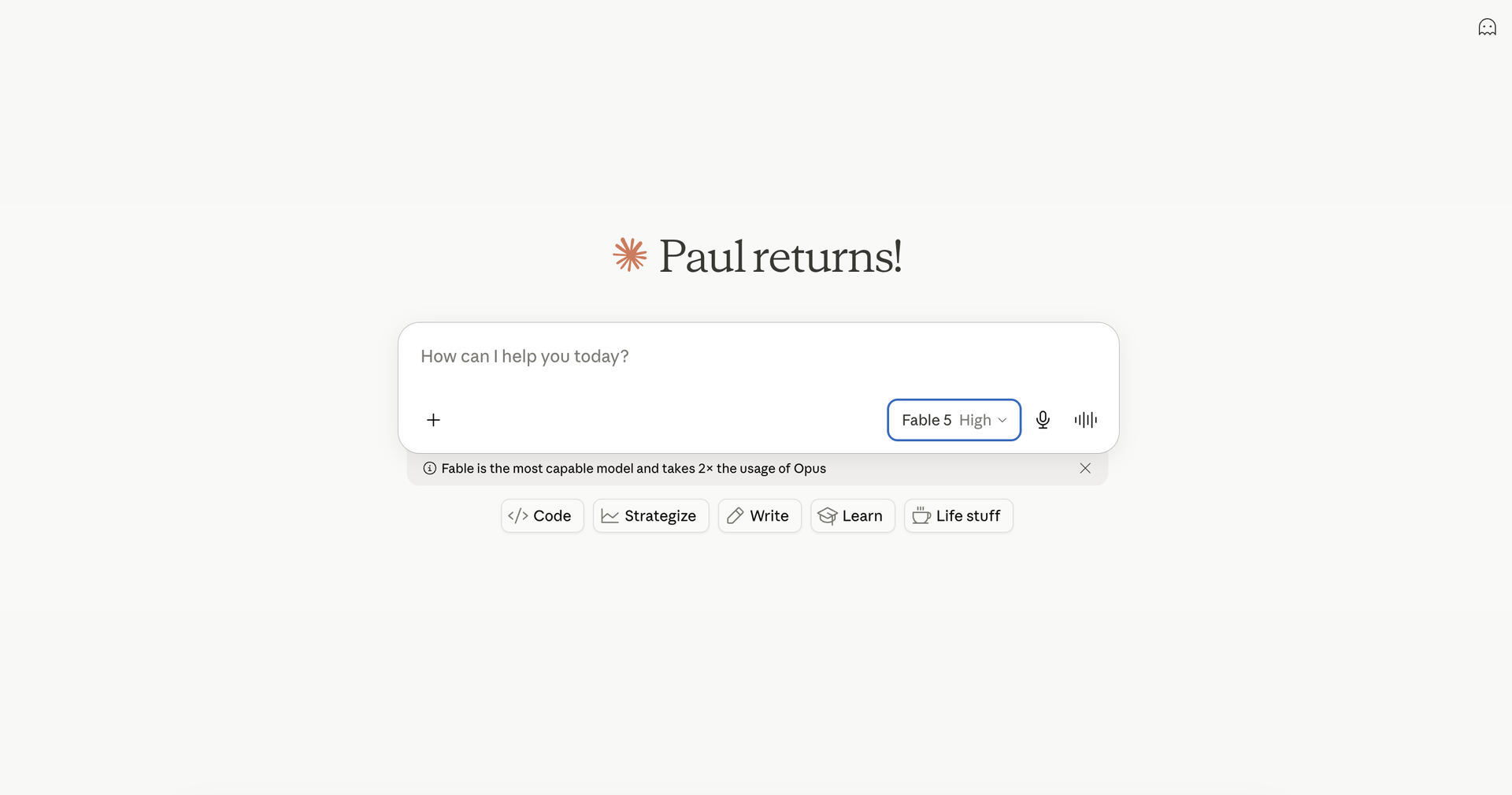 Claude web interface with the Fable 5 model selected in the model picker