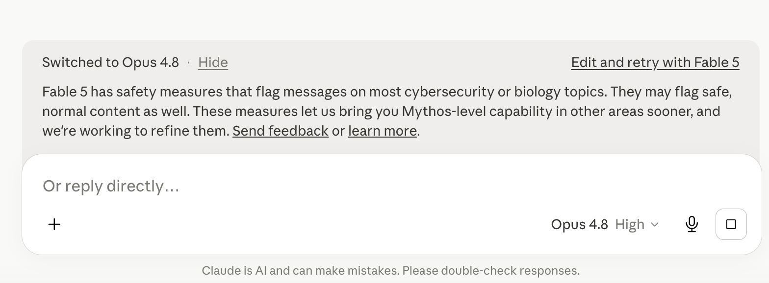 Claude UI notice: a flagged message is switched to Opus 4.8, with an option to edit and retry with Fable 5