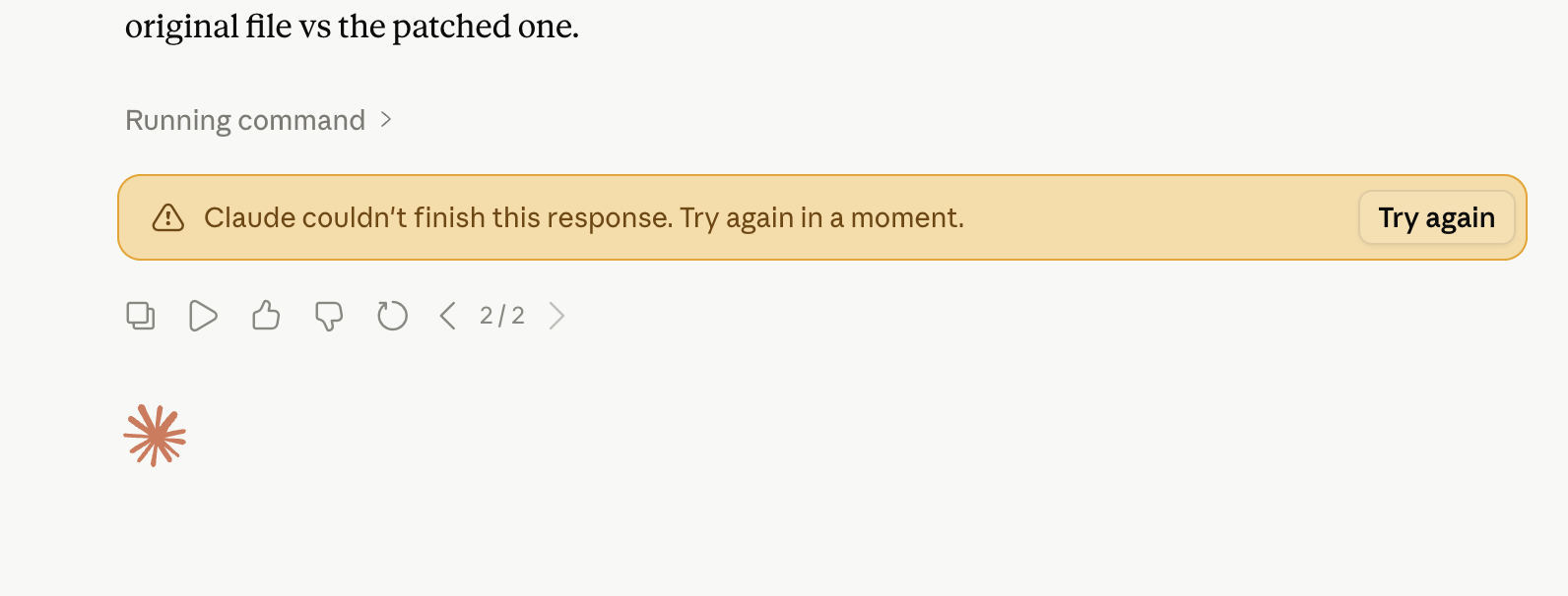 Claude error banner: “Claude couldn’t finish this response. Try again in a moment.”